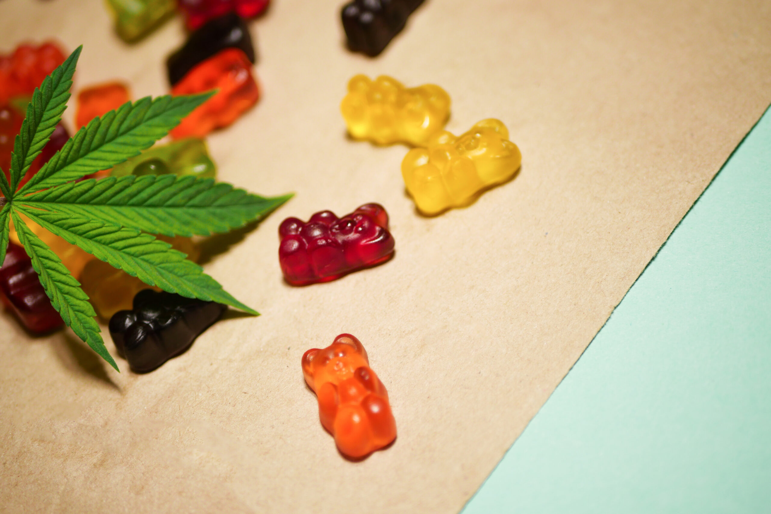 Cannabis infused gummy bears. Medical CBD candies. Mixed colors.